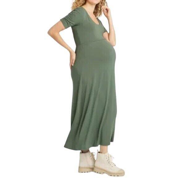 NEW The Nines by Hatch Maternity Dress Maxi Rayon Ruched Sleev Olive Green Sz XS - Picture 2 of 8